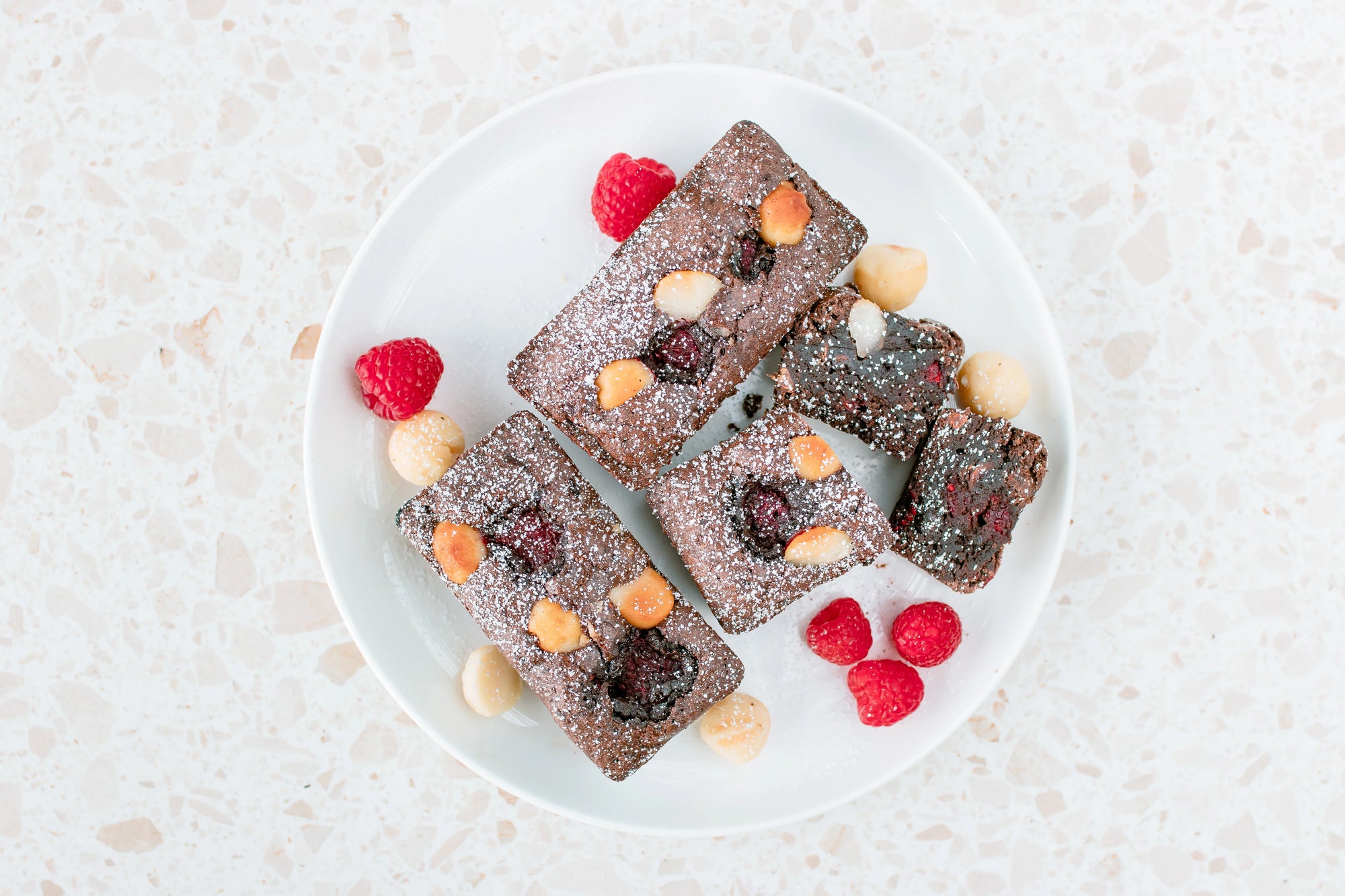 Chocolate Brownie with Raspberry and Macadamia